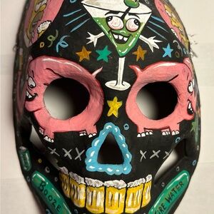 Drunk Cartoon Hand-Painted skull Mask One-of-a-kind Art piece by Liz Carroll